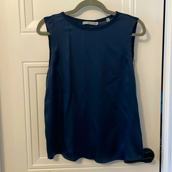 Vince Navy Blue Silk Front & Knit Back Blouse - Picture 1 of 5